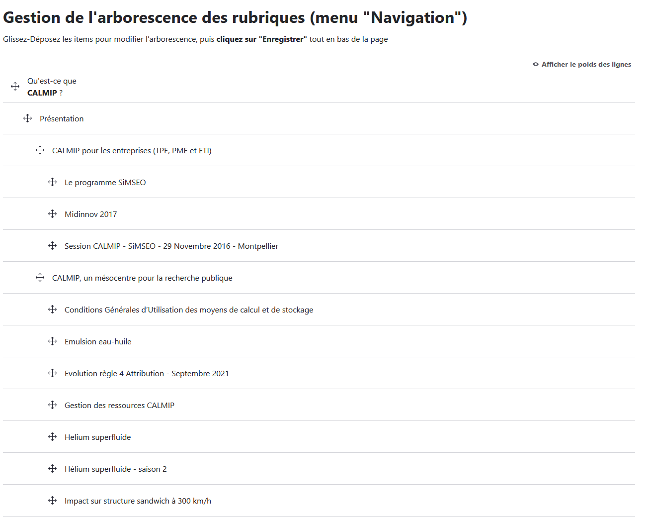 Page de gestion de l'arborescence