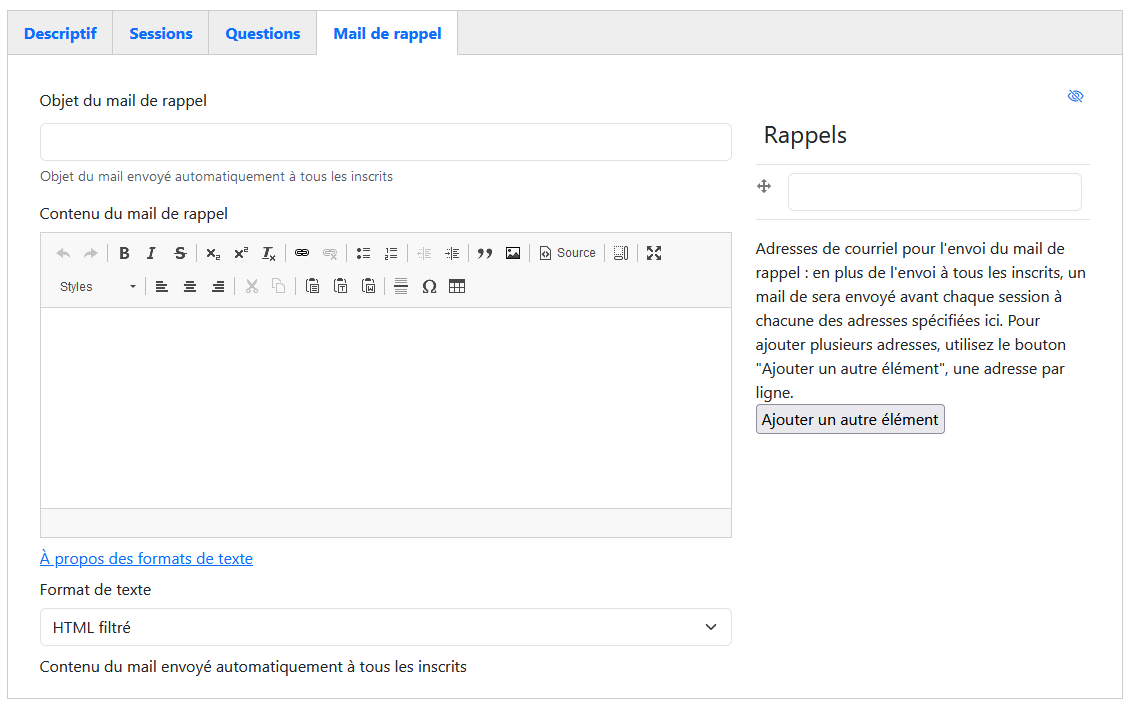 Evénément - Onglet Mail de rappel