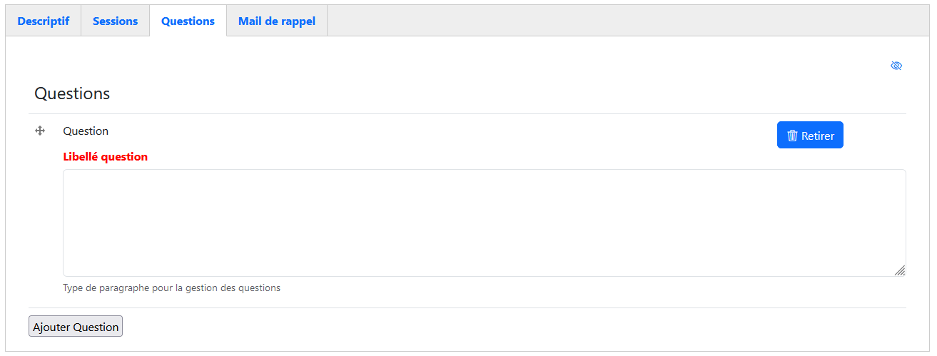 Evenements - Onglet Questions