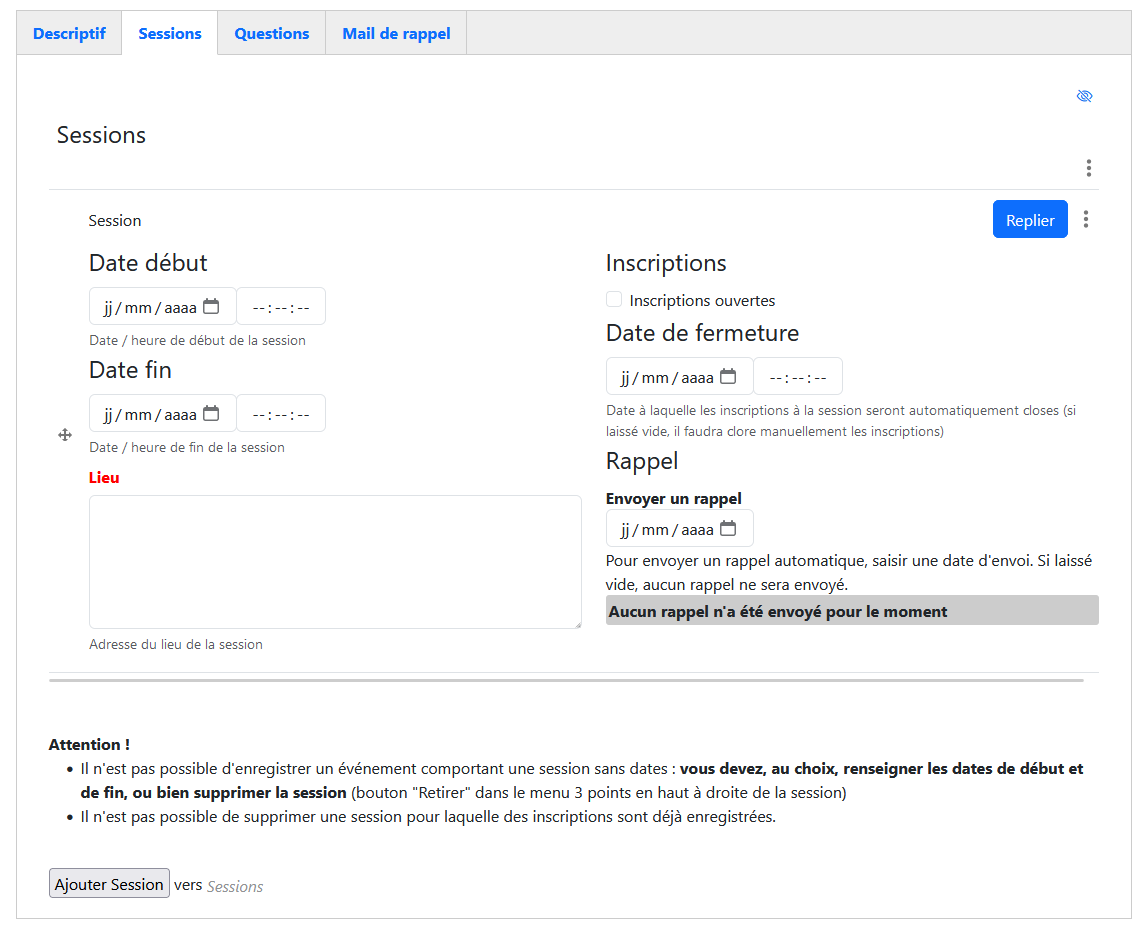 Evénement - Onglet Sessions