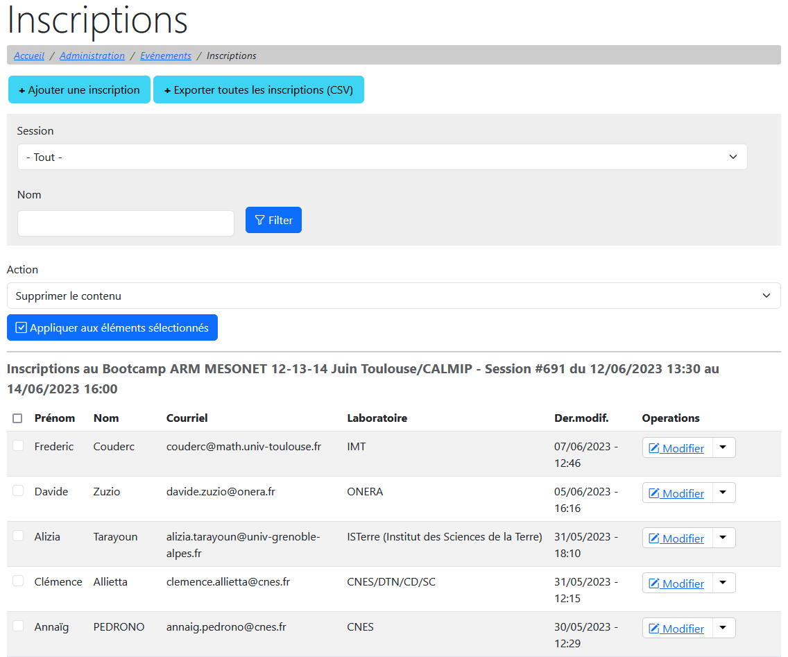 Evénements - Liste des inscriptions