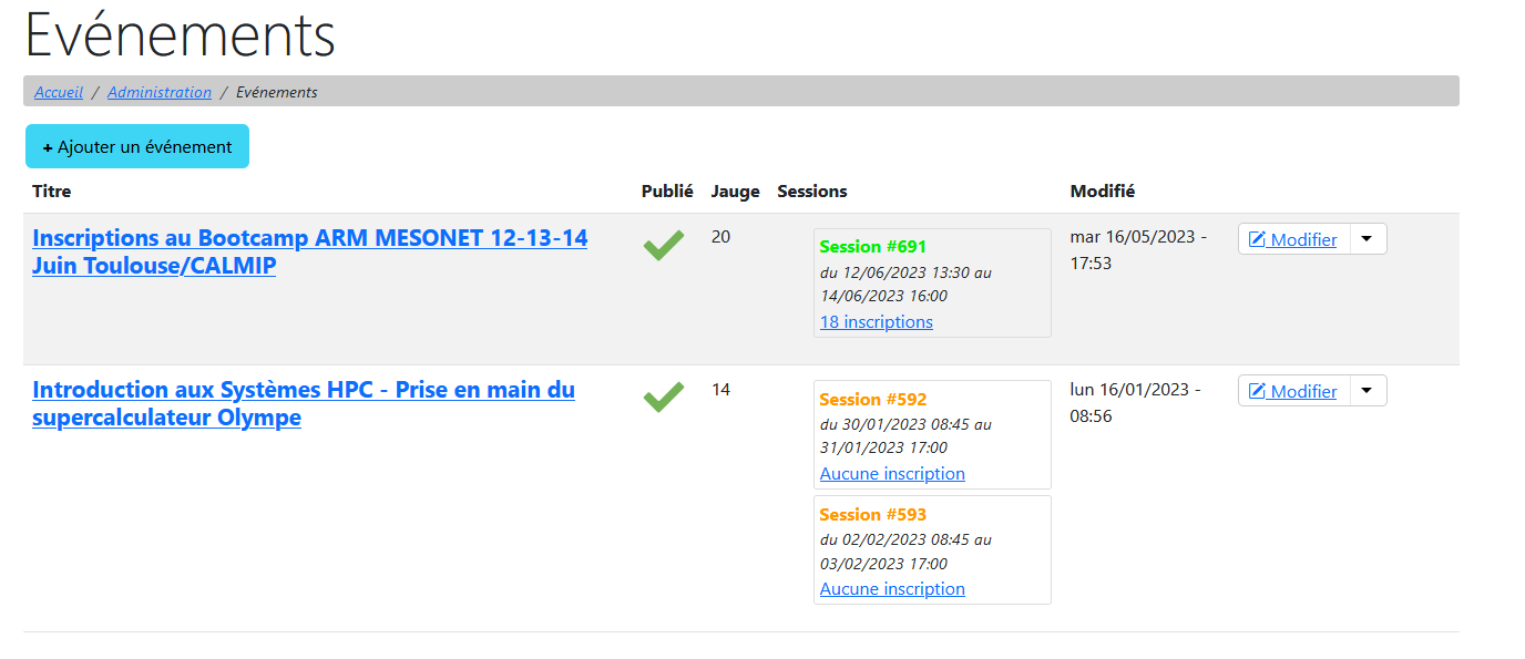 Liste des événements