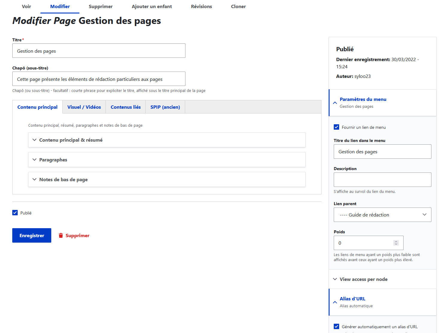 Formulaire de modification d'une page