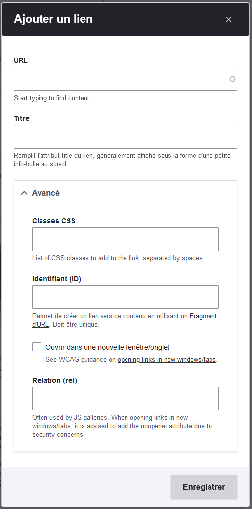 Ckeditor - Fénêtre de gestion d'un lien