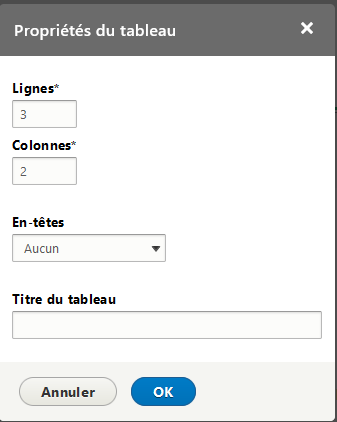 Ckeditor - Fenêtre propriétés du tableau