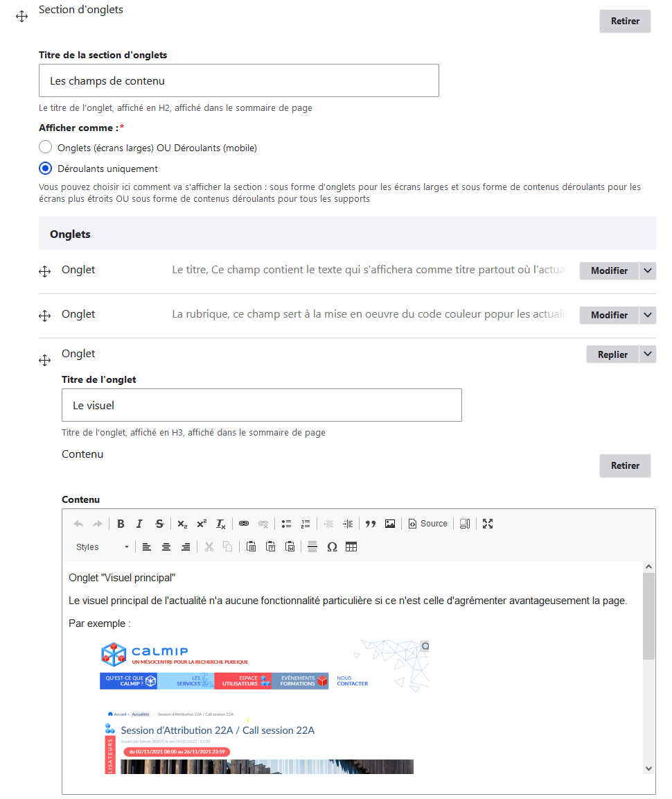 Formulaire section d'onglets