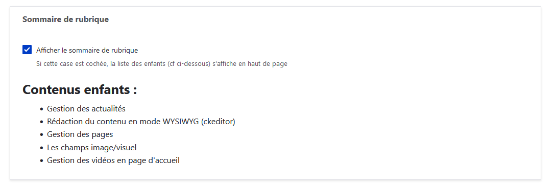 Champ de gestion du sommaire de rubrique (back-office)
